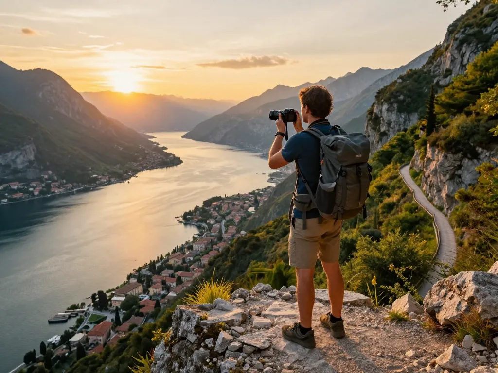 Reisender am Gardasee, der während der goldenen Stunde atemberaubende Landschaften einfängt, verkörpert Gardasee Reisetipps.