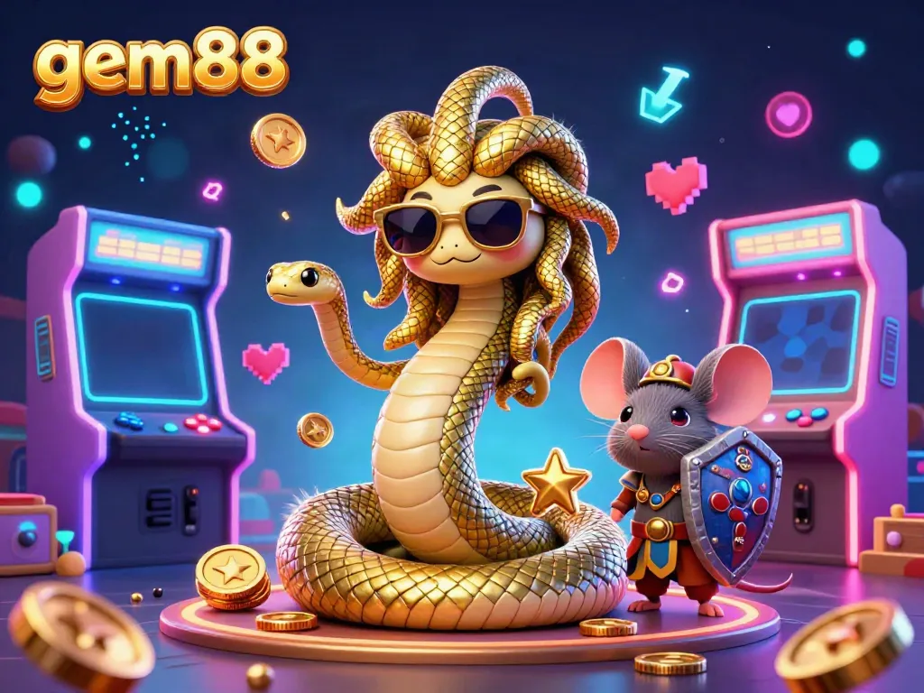 Experience vibrant gaming action at gem88 with Medusa and arcade icons in a dazzling casino atmosphere.