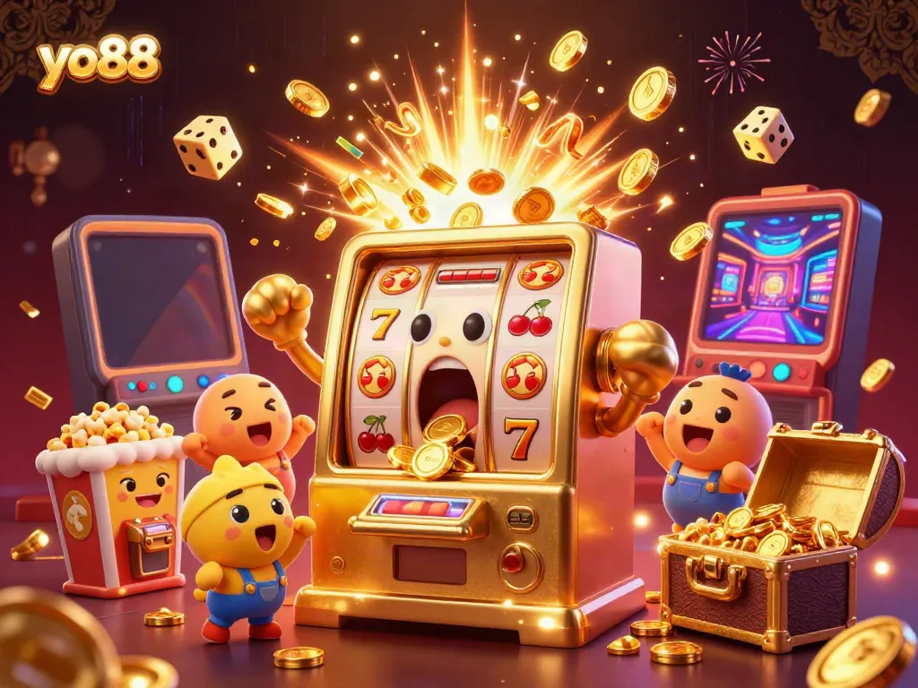 Experience thrilling wins at yo88 with an exciting golden slot machine and surrounding festive elements.