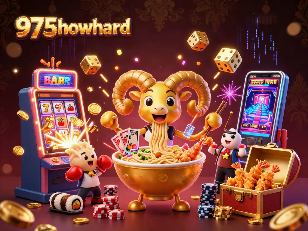 Engage with the vibrant casino universe of 975howard, featuring a lively ramen bowl dealer and slot machine excitement.