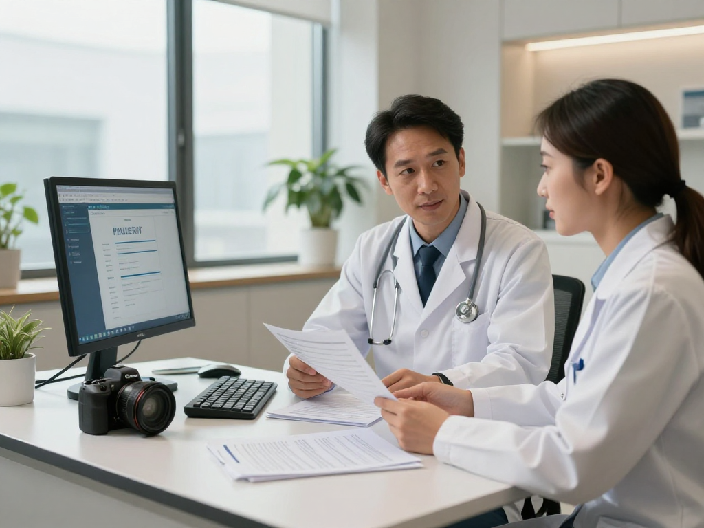 Datenschutz und Barrierefreiheit im Gesundheitswesen Arzt in modernem Praxiskontext.