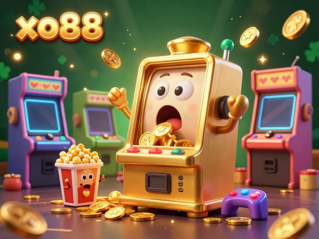 Experience the excitement of xo88 with a cartoon slot machine hitting a jackpot, coins spilling out.
