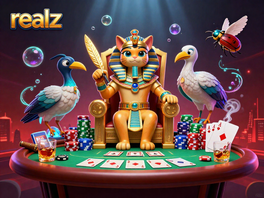 Spielen Sie mit realz am Poker-Tisch, um Gewinne zu maximieren, während eine Pharao-Katze und ein Ibis begleiten.