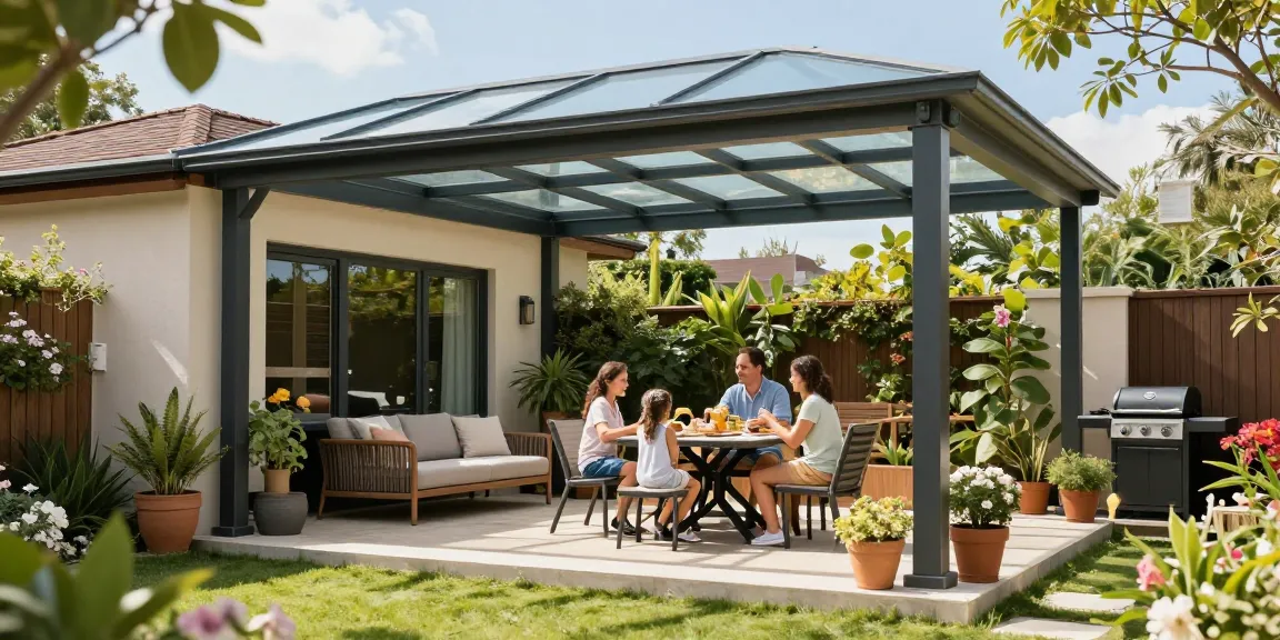 Terrassenüberdachung freistehend mit Familie in sonnigem Garten.