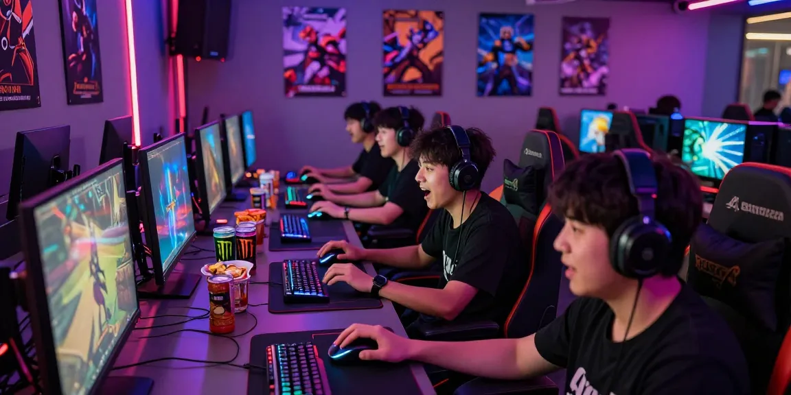 Intense FAFA828 gaming scene with players in a lively lounge, showcasing vibrant gaming setup.
