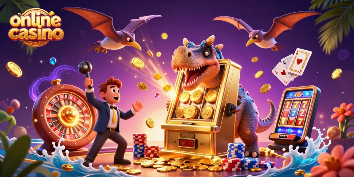 Online casino scene with a pachycephalosaurus hitting a slot machine for a jackpot