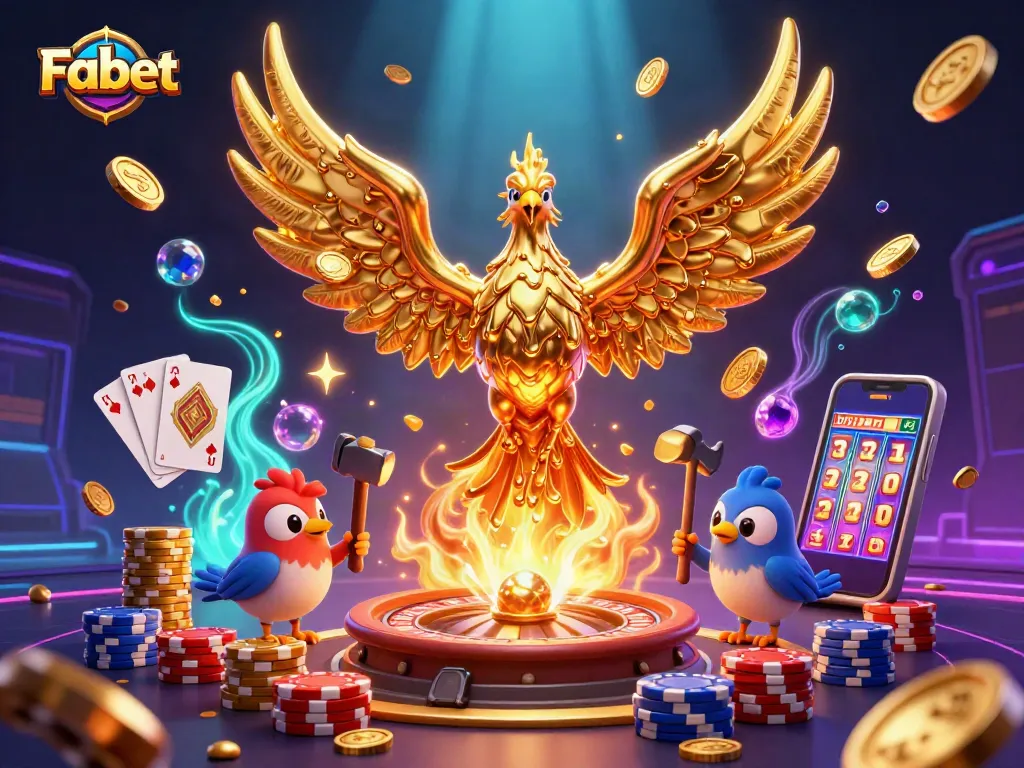 Win with Fabet in this vibrant 3D casino scene featuring a molten phoenix and rich game elements.
