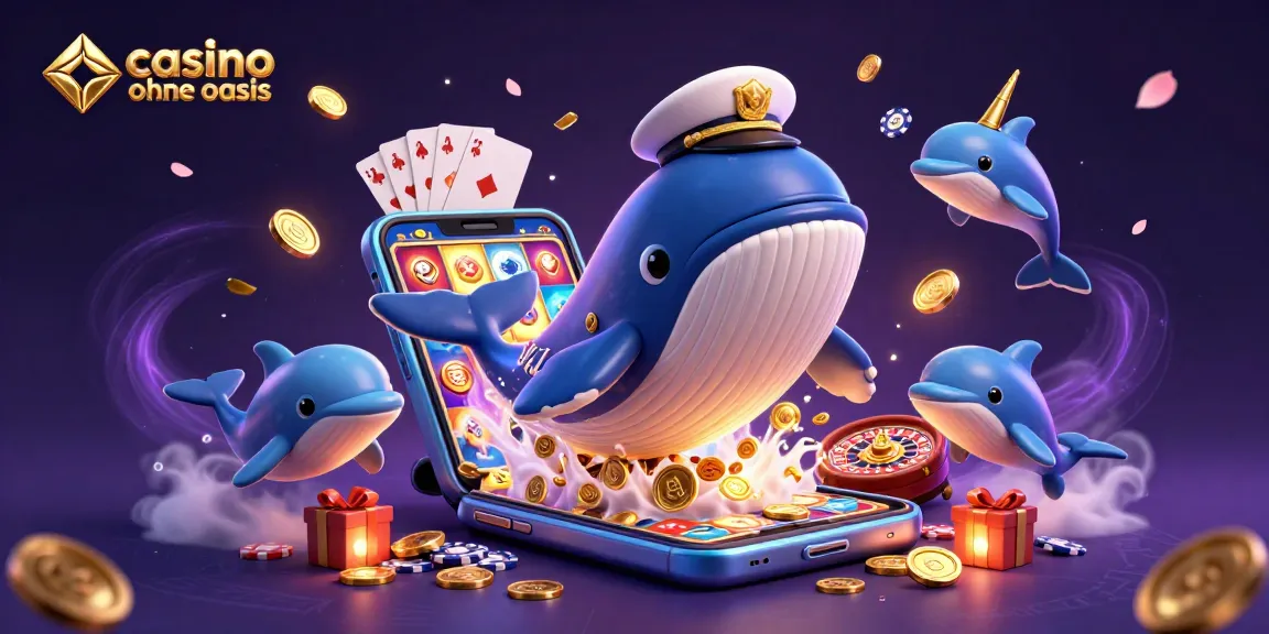 Win big at casino ohne oasis with a cartoon whale captain, narwhal, and dolphins celebrating