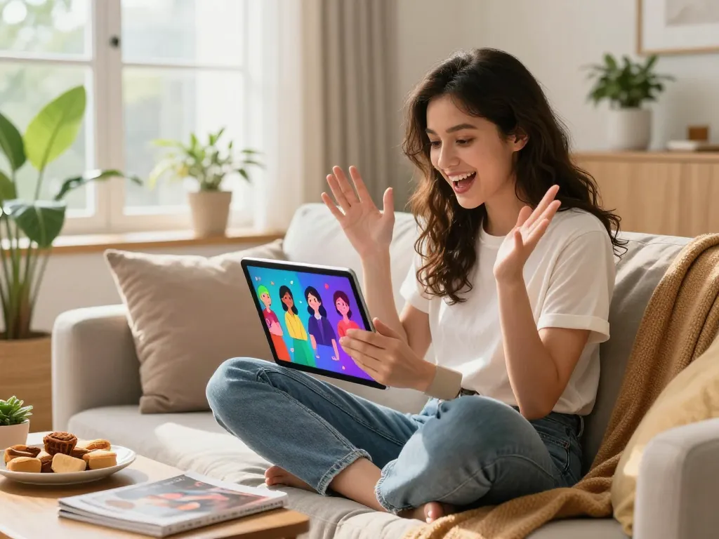 Engaging moment with girlfriend ai in a cozy living room setting, showcasing virtual interaction and emotional connection.