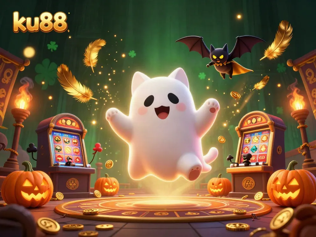 Engage in thrilling games at ku88 with a captivating 3D ghost cat and vampire bat floating in a haunted casino.