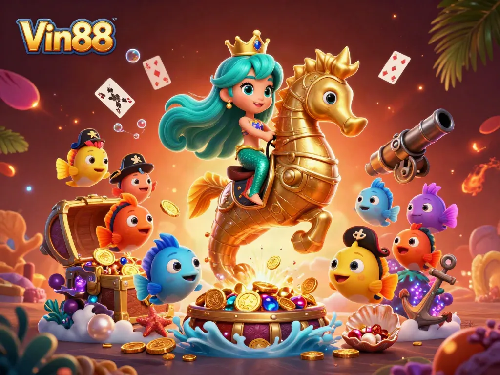 Engage with Vin88's thrilling underwater casino adventure featuring a mermaid and gold treasures.