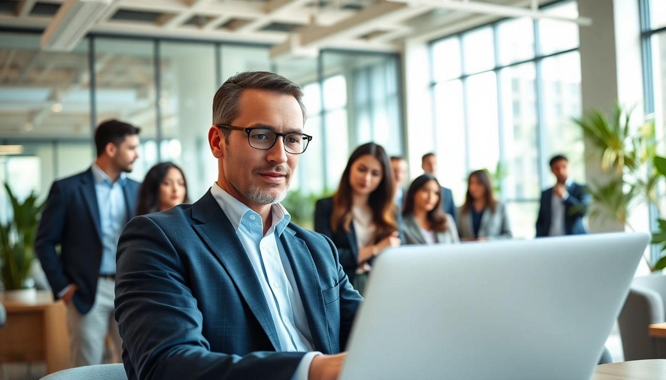 Headhunter Schweiz im modernen Büro, interagiert mit Kandidaten über Laptop.