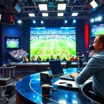 Engaging sports broadcasting host in a lively studio setting, representing Sports Broadcasting.