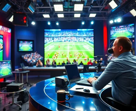 Engaging sports broadcasting host in a lively studio setting, representing Sports Broadcasting.
