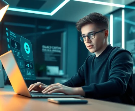 Youth engaging with advanced AI 18+ chatbot in modern digital workspace