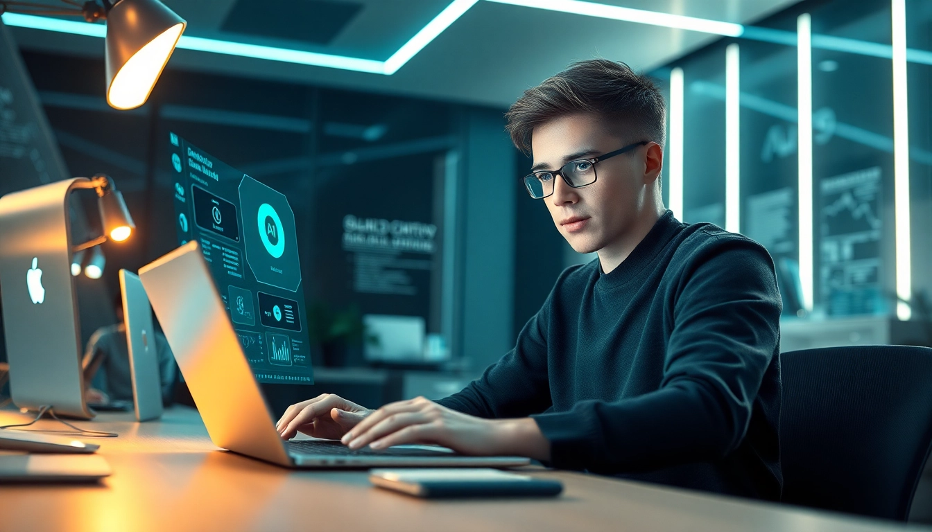 Youth engaging with advanced AI 18+ chatbot in modern digital workspace