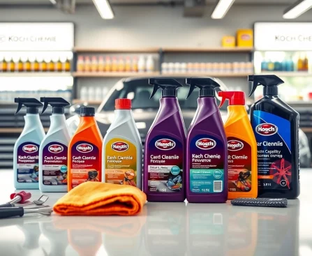 Koch Chemie Produkte auf einem modernen Tisch in einem hochwertigen Autohaus präsentiert.