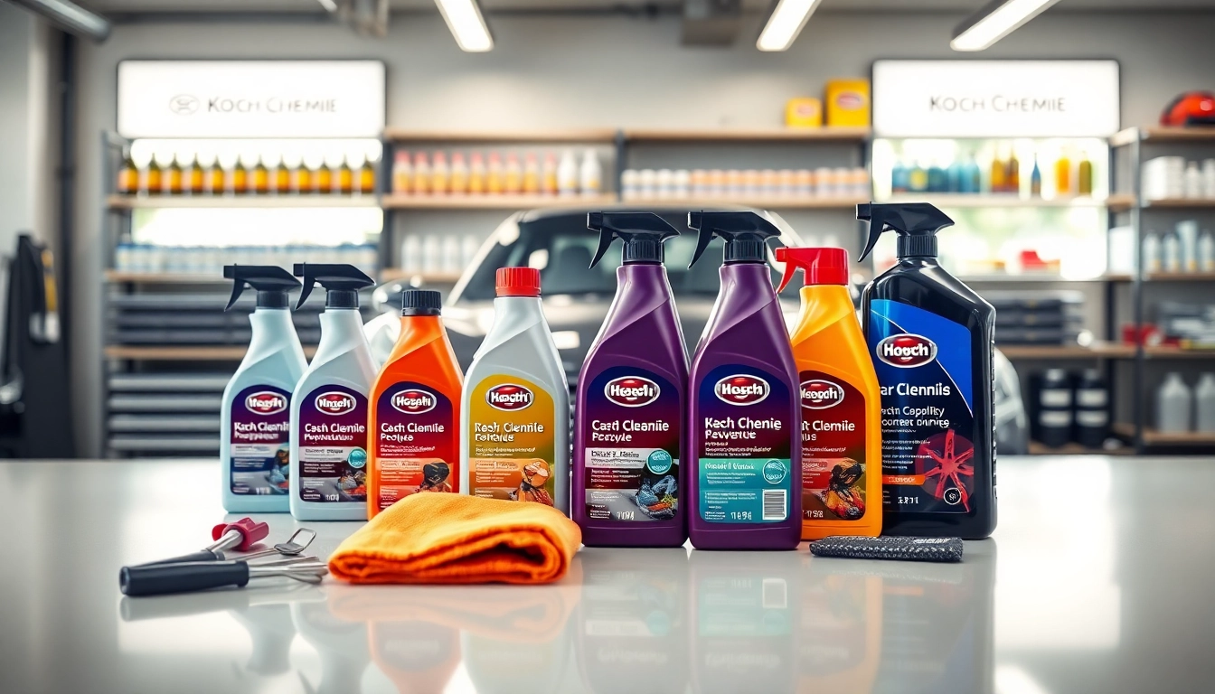 Koch Chemie Produkte auf einem modernen Tisch in einem hochwertigen Autohaus präsentiert.