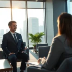 Headhunter Schweiz berät Kandidaten in einem modernen Büro mit städtischem Hintergrund.