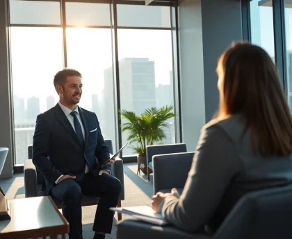 Headhunter Schweiz berät Kandidaten in einem modernen Büro mit städtischem Hintergrund.