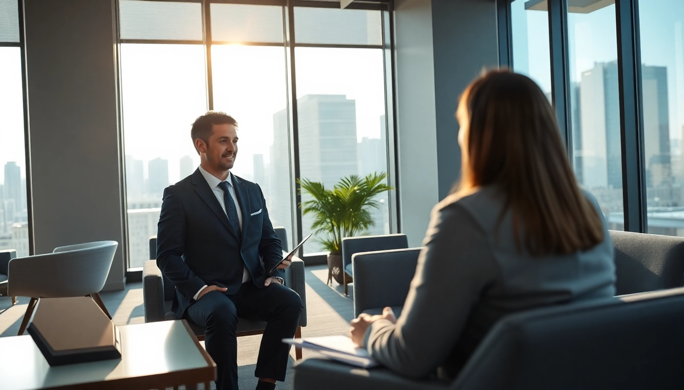 Headhunter Schweiz berät Kandidaten in einem modernen Büro mit städtischem Hintergrund.