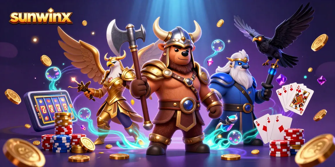 Join the excitement at sunwinx with a Viking bear and Valkyrie eagle amidst cascading coins and poker chips.
