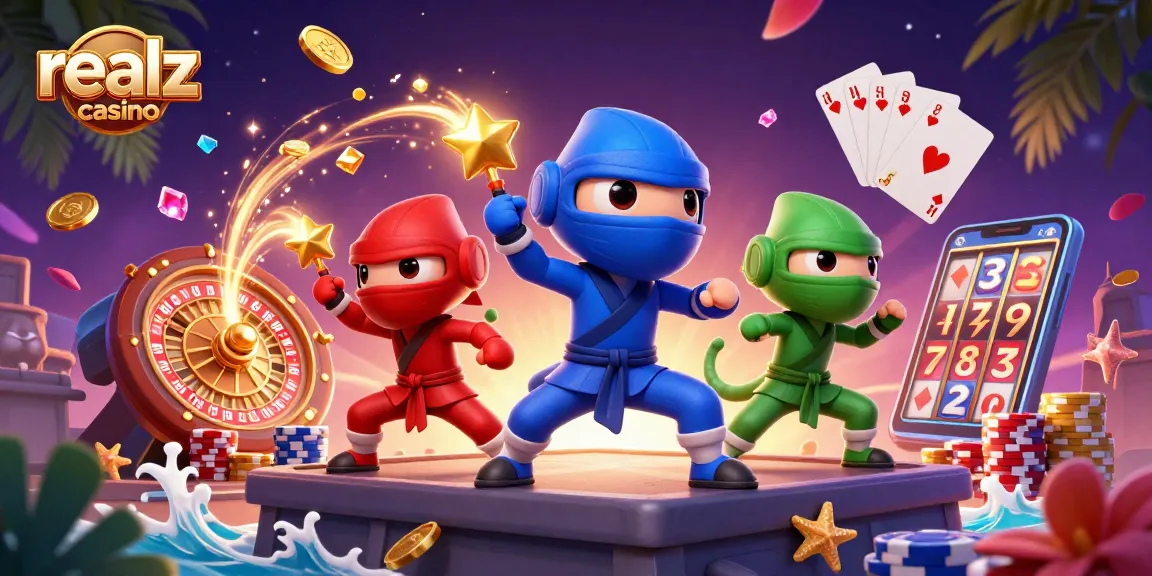 Experience the thrill of realz casino with dynamic ninja chameleons in action, surrounded by dazzling gaming elements.