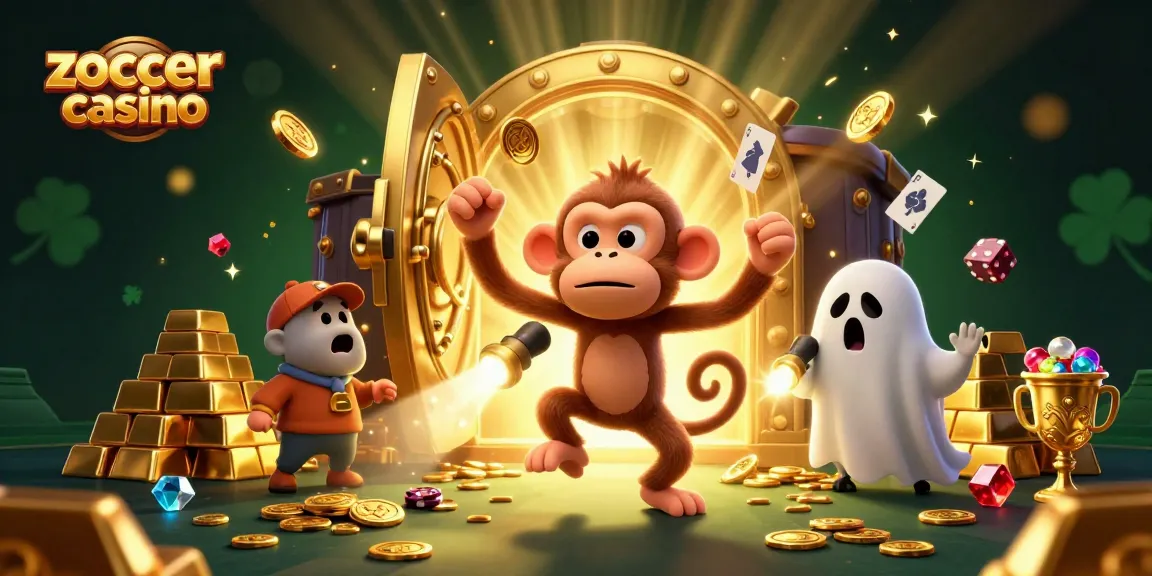 Zoccercasino showcases a vibrant scene with an energetic ghost-hunter puppy and mischievous monkey in a luxurious casino.