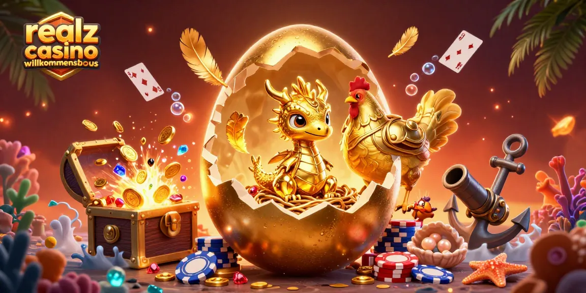 Visualisieren Sie den "realz casino willkommensbonus" mit einem goldenen Drachen und aufregenden Casino-Elementen.