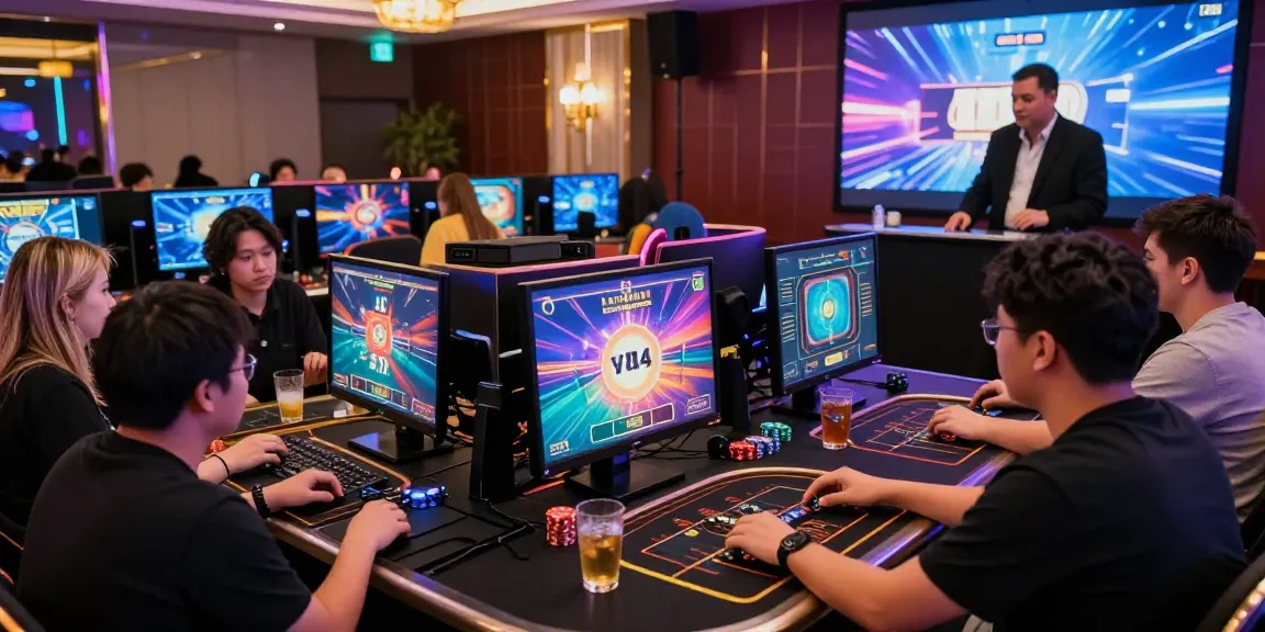 การเล่นเกมออนไลน์ที่น่าตื่นเต้นในคาสิโนดิจิตอล playme8 direct web พร้อมผู้เล่นหลากหลายคนที่จดจ่อกับหน้าจอ